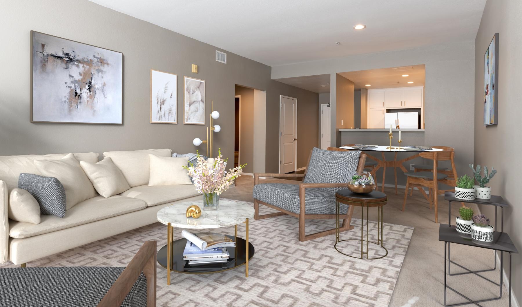 Relax and unwind in stylish living spaces large, furnished living room